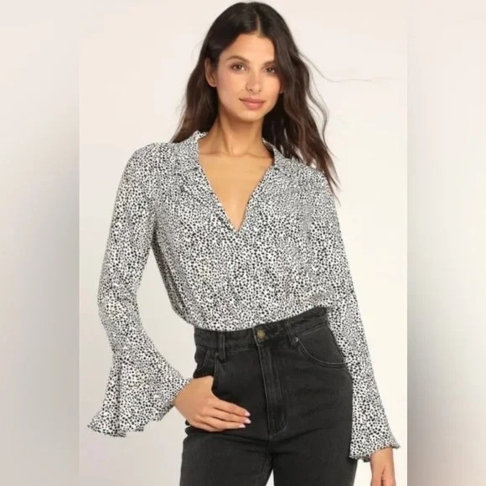 Lulu's Always Lovely Ivory Black Dotted Print Ruffled Long Sleeve Bodysuit XS